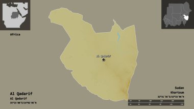 Al Qadarif 'in şekli, Sudan eyaleti ve başkenti. Uzaklık ölçeği, ön gösterimler ve etiketler. Topografik yardım haritası. 3B görüntüleme