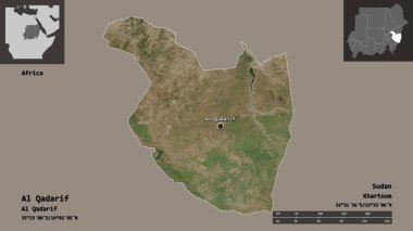 Al Qadarif 'in şekli, Sudan eyaleti ve başkenti. Uzaklık ölçeği, ön gösterimler ve etiketler. Uydu görüntüleri. 3B görüntüleme