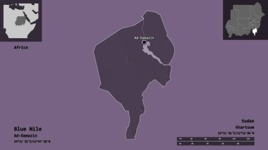Mavi Nil 'in şekli, Sudan eyaleti ve başkenti. Uzaklık ölçeği, ön gösterimler ve etiketler. Renkli yükseklik haritası. 3B görüntüleme