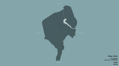Mavi Nil bölgesi, Sudan eyaleti, jeoreferatlı bir sınır kutusunda katı bir arka planda izole edilmiş. Etiketler. Renkli yükseklik haritası. 3B görüntüleme