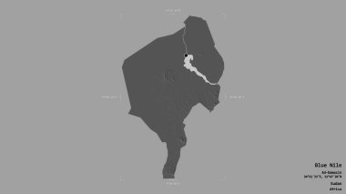 Mavi Nil bölgesi, Sudan eyaleti, jeoreferatlı bir sınır kutusunda katı bir arka planda izole edilmiş. Etiketler. Çift seviyeli yükseklik haritası. 3B görüntüleme