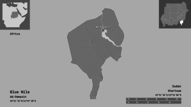 Mavi Nil 'in şekli, Sudan eyaleti ve başkenti. Uzaklık ölçeği, ön gösterimler ve etiketler. Çift seviyeli yükseklik haritası. 3B görüntüleme