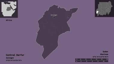 Merkez Darfur 'un şekli, Sudan eyaleti ve başkenti. Uzaklık ölçeği, ön gösterimler ve etiketler. Renkli yükseklik haritası. 3B görüntüleme
