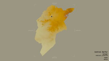 Orta Darfur bölgesi, Sudan eyaleti, katı bir arka planda izole edilmiş bir sınır kutusunda. Etiketler. Topografik yardım haritası. 3B görüntüleme