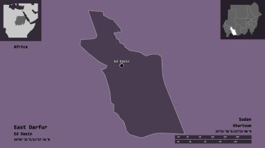Doğu Darfur 'un şekli, Sudan eyaleti ve başkenti. Uzaklık ölçeği, ön gösterimler ve etiketler. Renkli yükseklik haritası. 3B görüntüleme