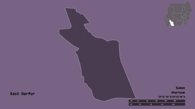 Doğu Darfur 'un şekli, Sudan eyaleti, başkenti sağlam bir zemin üzerinde izole edilmiş. Uzaklık ölçeği, bölge önizlemesi ve etiketleri. Renkli yükseklik haritası. 3B görüntüleme