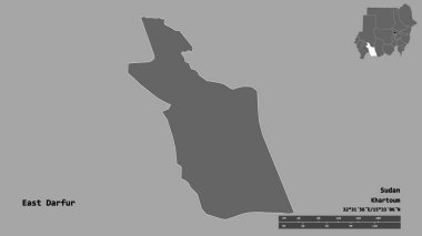 Doğu Darfur 'un şekli, Sudan eyaleti, başkenti sağlam bir zemin üzerinde izole edilmiş. Uzaklık ölçeği, bölge önizlemesi ve etiketleri. Çift seviyeli yükseklik haritası. 3B görüntüleme