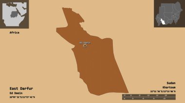 Doğu Darfur 'un şekli, Sudan eyaleti ve başkenti. Uzaklık ölçeği, ön gösterimler ve etiketler. Desenli dokuların bileşimi. 3B görüntüleme