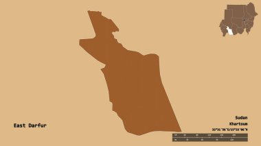 Doğu Darfur 'un şekli, Sudan eyaleti, başkenti sağlam bir zemin üzerinde izole edilmiş. Uzaklık ölçeği, bölge önizlemesi ve etiketleri. Desenli dokuların bileşimi. 3B görüntüleme