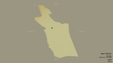 Doğu Darfur bölgesi, Sudan eyaleti, katı bir arka planda izole edilmiş bir sınır kutusunda. Etiketler. Topografik yardım haritası. 3B görüntüleme