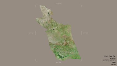 Doğu Darfur bölgesi, Sudan eyaleti, katı bir arka planda izole edilmiş bir sınır kutusunda. Etiketler. Uydu görüntüleri. 3B görüntüleme