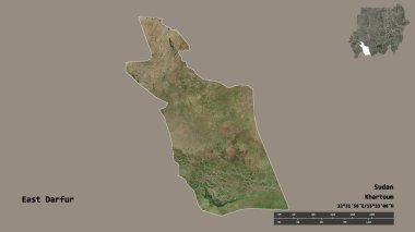 Doğu Darfur 'un şekli, Sudan eyaleti, başkenti sağlam bir zemin üzerinde izole edilmiş. Uzaklık ölçeği, bölge önizlemesi ve etiketleri. Uydu görüntüleri. 3B görüntüleme