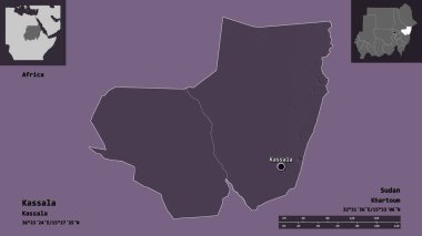 Kassala 'nın şekli, Sudan eyaleti ve başkenti. Uzaklık ölçeği, ön gösterimler ve etiketler. Renkli yükseklik haritası. 3B görüntüleme