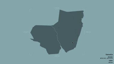 Kassala bölgesi, Sudan eyaleti, jeoreferatlı bir sınır kutusunda katı bir arka planda izole edilmiş. Etiketler. Renkli yükseklik haritası. 3B görüntüleme