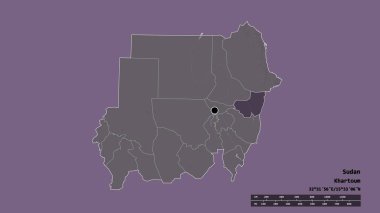 Başkenti, ana bölgesel bölümü ve ayrılmış Kassala bölgesi ile Sudan 'ın dejenere edilmiş şekli. Etiketler. Renkli yükseklik haritası. 3B görüntüleme