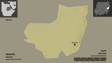 Kassala 'nın şekli, Sudan eyaleti ve başkenti. Uzaklık ölçeği, ön gösterimler ve etiketler. Topografik yardım haritası. 3B görüntüleme
