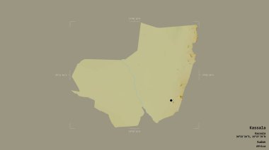 Kassala bölgesi, Sudan eyaleti, jeoreferatlı bir sınır kutusunda katı bir arka planda izole edilmiş. Etiketler. Topografik yardım haritası. 3B görüntüleme