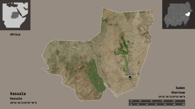 Kassala 'nın şekli, Sudan eyaleti ve başkenti. Uzaklık ölçeği, ön gösterimler ve etiketler. Uydu görüntüleri. 3B görüntüleme