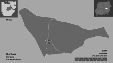 Hartum 'un şekli, Sudan eyaleti ve başkenti. Uzaklık ölçeği, ön gösterimler ve etiketler. Çift seviyeli yükseklik haritası. 3B görüntüleme