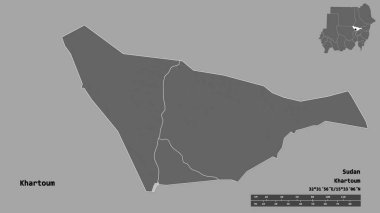 Hartum 'un şekli, Sudan eyaleti, başkenti sağlam bir zemin üzerinde izole edilmiş. Uzaklık ölçeği, bölge önizlemesi ve etiketleri. Çift seviyeli yükseklik haritası. 3B görüntüleme