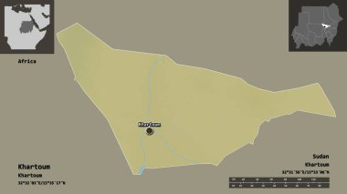 Hartum 'un şekli, Sudan eyaleti ve başkenti. Uzaklık ölçeği, ön gösterimler ve etiketler. Topografik yardım haritası. 3B görüntüleme