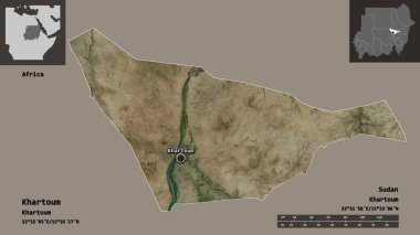 Hartum 'un şekli, Sudan eyaleti ve başkenti. Uzaklık ölçeği, ön gösterimler ve etiketler. Uydu görüntüleri. 3B görüntüleme
