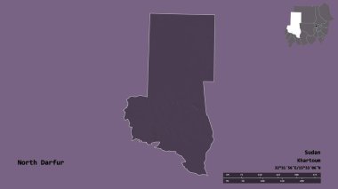 Kuzey Darfur 'un şekli, Sudan eyaleti, başkenti sağlam bir zemin üzerinde izole edilmiş. Uzaklık ölçeği, bölge önizlemesi ve etiketleri. Renkli yükseklik haritası. 3B görüntüleme