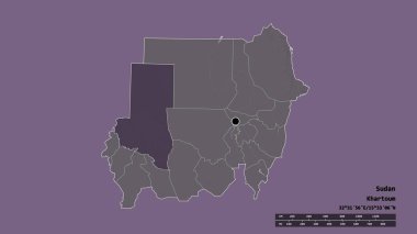 Başkenti, ana bölgesel bölümü ve ayrılmış Kuzey Darfur bölgesi ile Sudan 'ın dejenere edilmiş şekli. Etiketler. Renkli yükseklik haritası. 3B görüntüleme