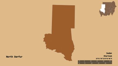 Kuzey Darfur 'un şekli, Sudan eyaleti, başkenti sağlam bir zemin üzerinde izole edilmiş. Uzaklık ölçeği, bölge önizlemesi ve etiketleri. Desenli dokuların bileşimi. 3B görüntüleme