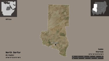 Kuzey Darfur 'un şekli, Sudan eyaleti ve başkenti. Uzaklık ölçeği, ön gösterimler ve etiketler. Uydu görüntüleri. 3B görüntüleme