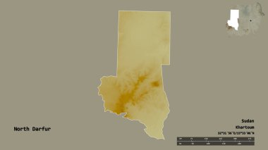 Kuzey Darfur 'un şekli, Sudan eyaleti, başkenti sağlam bir zemin üzerinde izole edilmiş. Uzaklık ölçeği, bölge önizlemesi ve etiketleri. Topografik yardım haritası. 3B görüntüleme