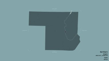 Kuzey bölgesi, Sudan eyaleti, jeoreferatlı bir sınır kutusunda katı bir arka planda izole edilmiş. Etiketler. Renkli yükseklik haritası. 3B görüntüleme