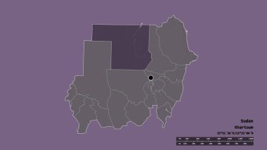 Başkenti, ana bölgesel bölümü ve ayrılmış kuzey bölgesi ile Sudan 'ın dejenere edilmiş şekli. Etiketler. Renkli yükseklik haritası. 3B görüntüleme