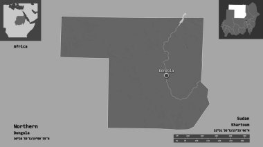 Kuzeyin şekli, Sudan eyaleti ve başkenti. Uzaklık ölçeği, ön gösterimler ve etiketler. Çift seviyeli yükseklik haritası. 3B görüntüleme