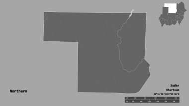 Kuzeyin şekli, Sudan eyaleti, başkenti sağlam bir zemin üzerinde izole edilmiş. Uzaklık ölçeği, bölge önizlemesi ve etiketleri. Çift seviyeli yükseklik haritası. 3B görüntüleme