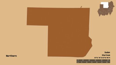 Kuzeyin şekli, Sudan eyaleti, başkenti sağlam bir zemin üzerinde izole edilmiş. Uzaklık ölçeği, bölge önizlemesi ve etiketleri. Desenli dokuların bileşimi. 3B görüntüleme