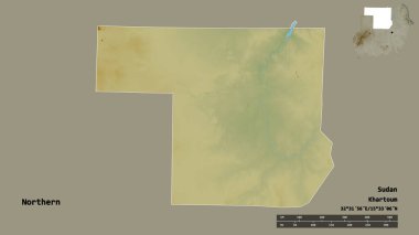 Kuzeyin şekli, Sudan eyaleti, başkenti sağlam bir zemin üzerinde izole edilmiş. Uzaklık ölçeği, bölge önizlemesi ve etiketleri. Topografik yardım haritası. 3B görüntüleme