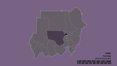 Başkenti, ana bölgesel bölümü ve ayrılmış Kuzey Kürdufan bölgesi ile Sudan 'ın dejenere edilmiş şekli. Etiketler. Renkli yükseklik haritası. 3B görüntüleme
