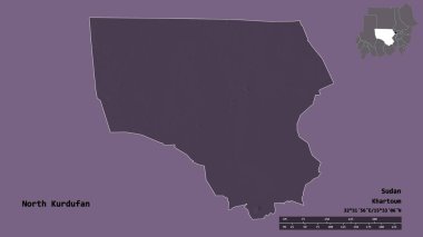 Kuzey Kurdufan 'ın şekli, Sudan eyaleti, başkenti sağlam bir zemin üzerinde izole edilmiş. Uzaklık ölçeği, bölge önizlemesi ve etiketleri. Renkli yükseklik haritası. 3B görüntüleme