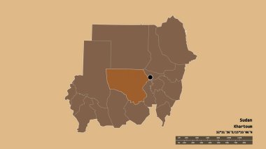 Başkenti, ana bölgesel bölümü ve ayrılmış Kuzey Kürdufan bölgesi ile Sudan 'ın dejenere edilmiş şekli. Etiketler. Desenli dokuların bileşimi. 3B görüntüleme