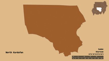 Kuzey Kurdufan 'ın şekli, Sudan eyaleti, başkenti sağlam bir zemin üzerinde izole edilmiş. Uzaklık ölçeği, bölge önizlemesi ve etiketleri. Desenli dokuların bileşimi. 3B görüntüleme