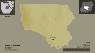 Kuzey Kurdufan 'ın şekli, Sudan eyaleti ve başkenti. Uzaklık ölçeği, ön gösterimler ve etiketler. Topografik yardım haritası. 3B görüntüleme