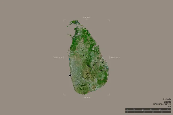 スリランカのエリアは 洗練された境界線の箱の中にしっかりとした背景に隔離されています 主な地域部門 距離スケール ラベル 衛星画像 3Dレンダリング — ストック写真