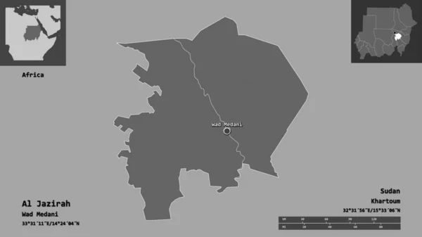 ジャジーラの形 スーダンの状態 およびその首都 距離スケール プレビューおよびラベル 標高マップ 3Dレンダリング — ストック写真