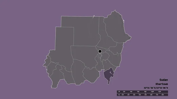 Desaturated Shape Sudan Its Capital Main Regional Division Separated Blue — Stock Photo, Image