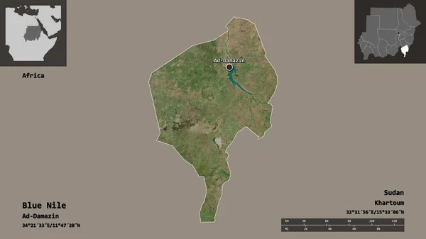 苏丹州青尼罗州的形状及其首府 距离刻度 预览和标签 卫星图像 3D渲染 — 图库照片