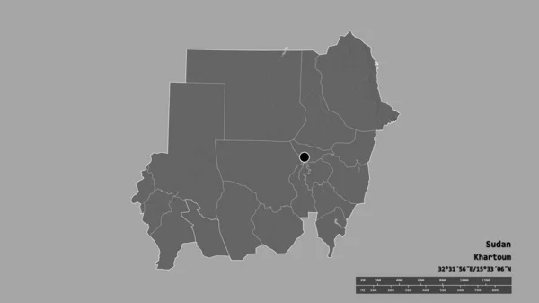 主要な地域部門と分離東ダルフール地域とスーダンの荒廃した形 ラベル 標高マップ 3Dレンダリング — ストック写真