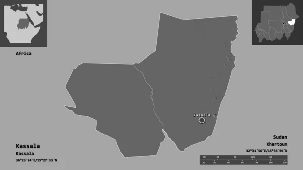 カサラの形 スーダンの状態 およびその首都 距離スケール プレビューおよびラベル 標高マップ 3Dレンダリング — ストック写真