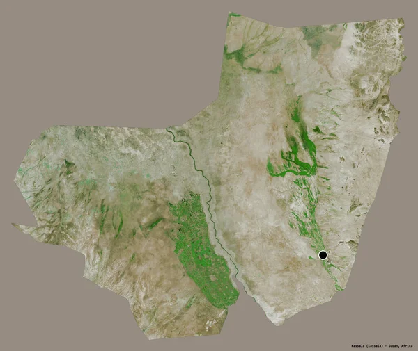 スーダンのカサラ州の形で その首都はしっかりした色の背景に隔離されています 衛星画像 3Dレンダリング — ストック写真