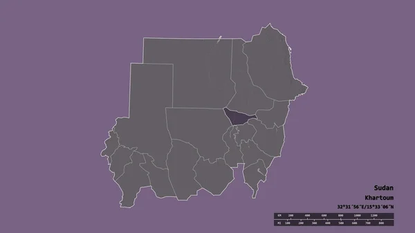 主要な地域部門と分離されたハルツーム地域とスーダンの荒廃した形 ラベル 色の標高マップ 3Dレンダリング — ストック写真